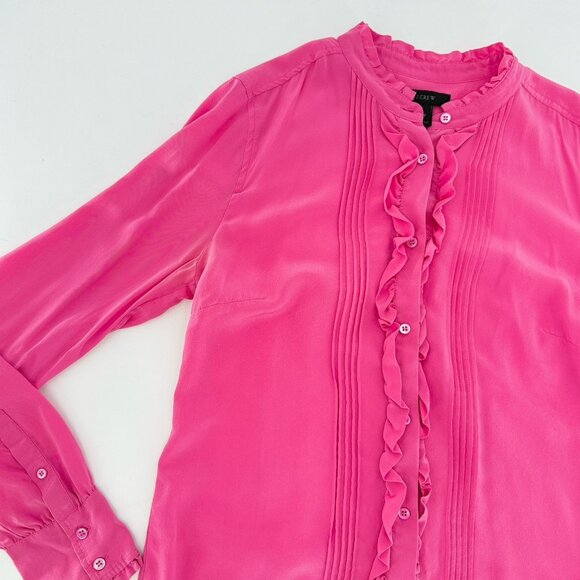 J.Crew Ruffle Silk Button-Up Bright Pink Blouse Size 4T Boho Preppy See Photos - Picture 9 of 12